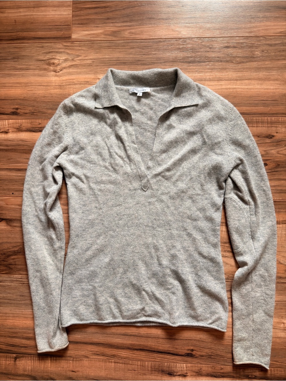 100% Cashmere Gray Polo Sweater Elbow Patches Size S Quiet Luxury